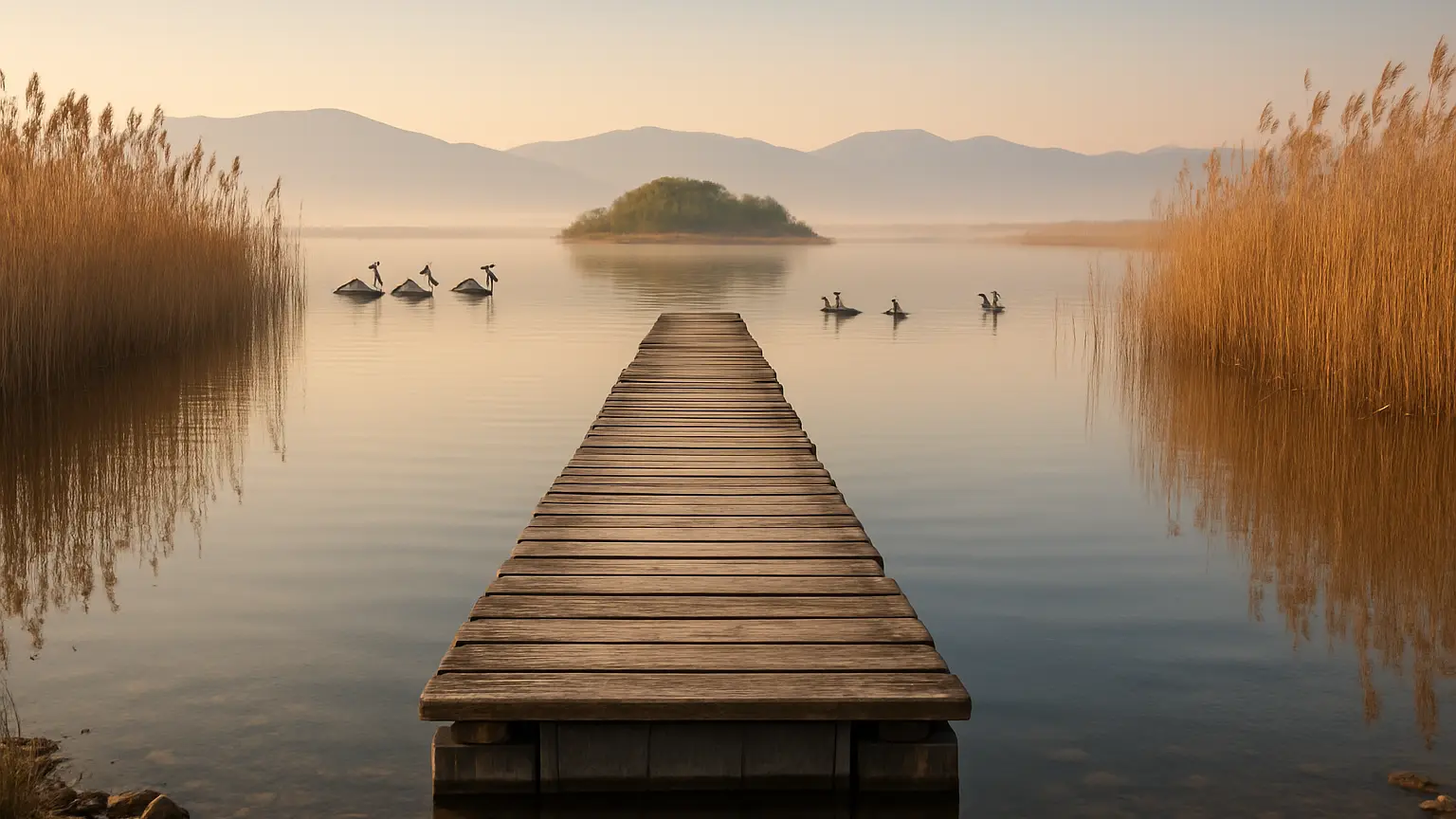 Floating boardwalk and pelicans at Prespa Lakes, Florina