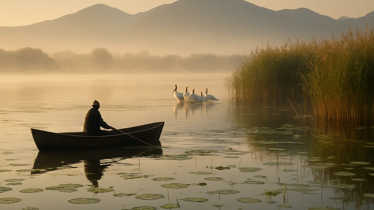 Wooden boat and waterlilies at Lake Kerkini, Serres