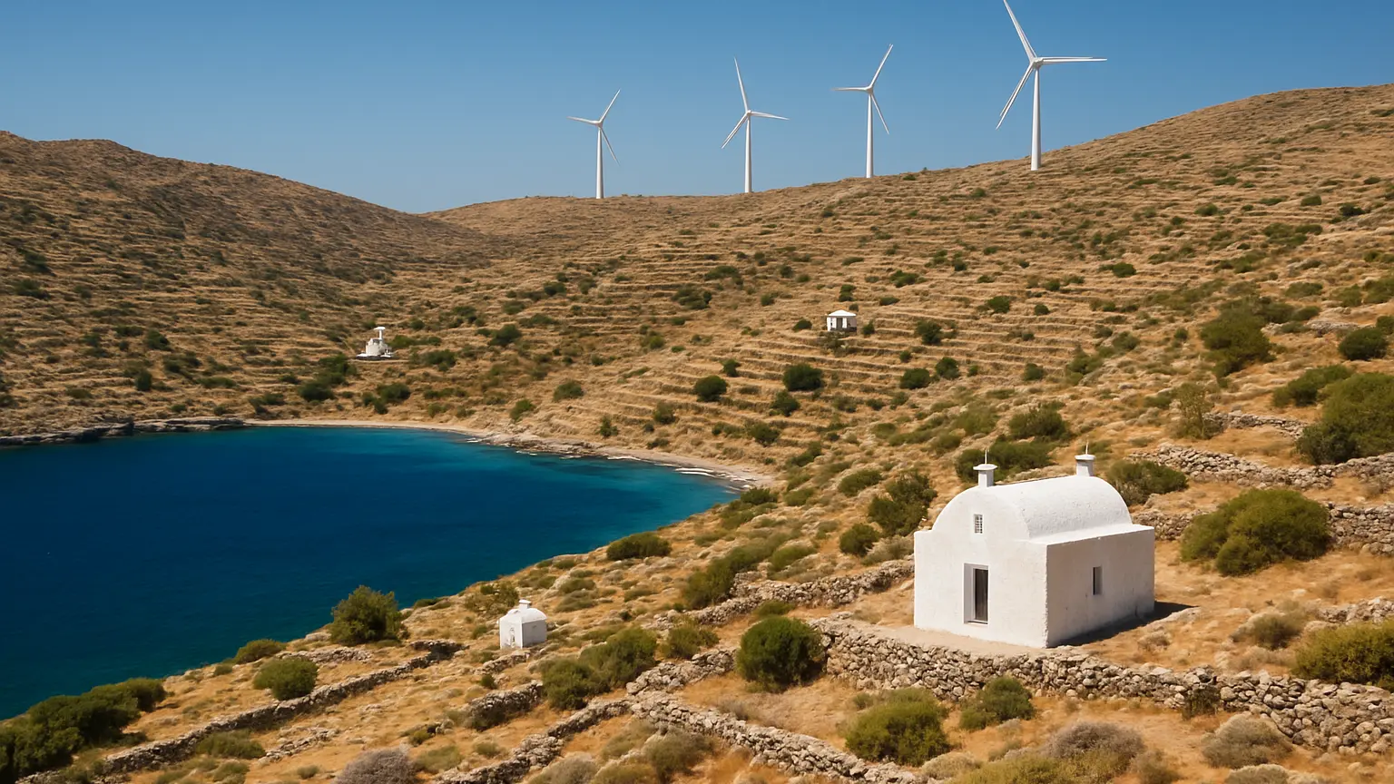 Terraced thyme hills and wind turbines on Tilos island