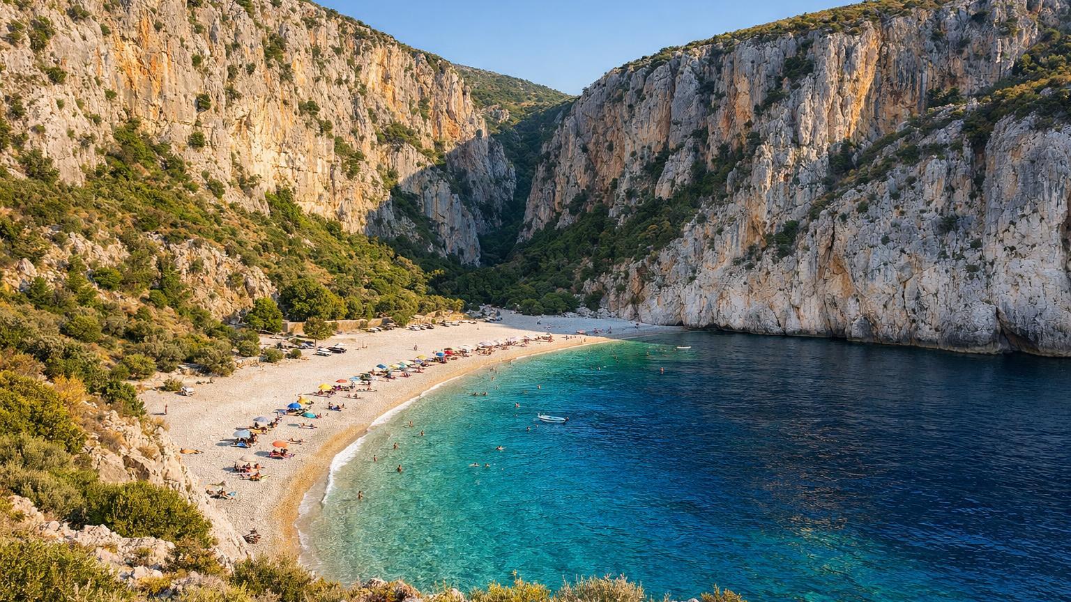 Gjipe Beach narrow pebble cove between limestone cliffs