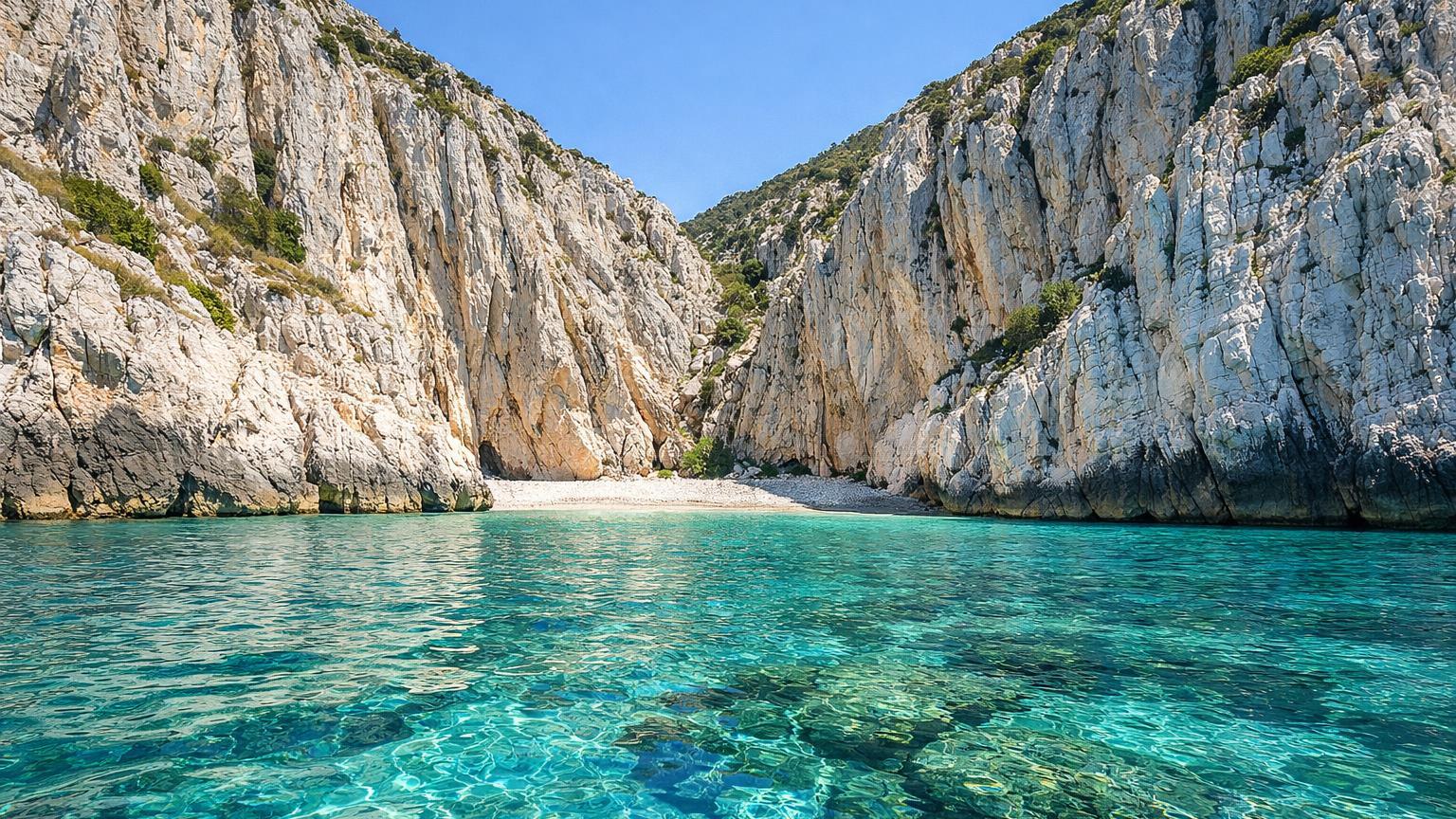 Grama Bay white cliffs V-shaped cove at Karaburun