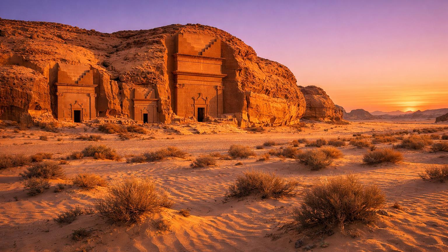 Hegra (Al-Hijr) Nabatean tomb facades at sunset