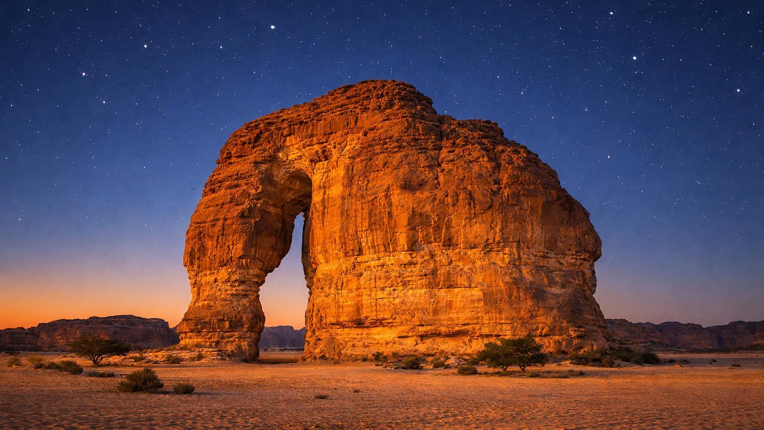 Elephant Rock Jabal AlFil near AlUla at dusk