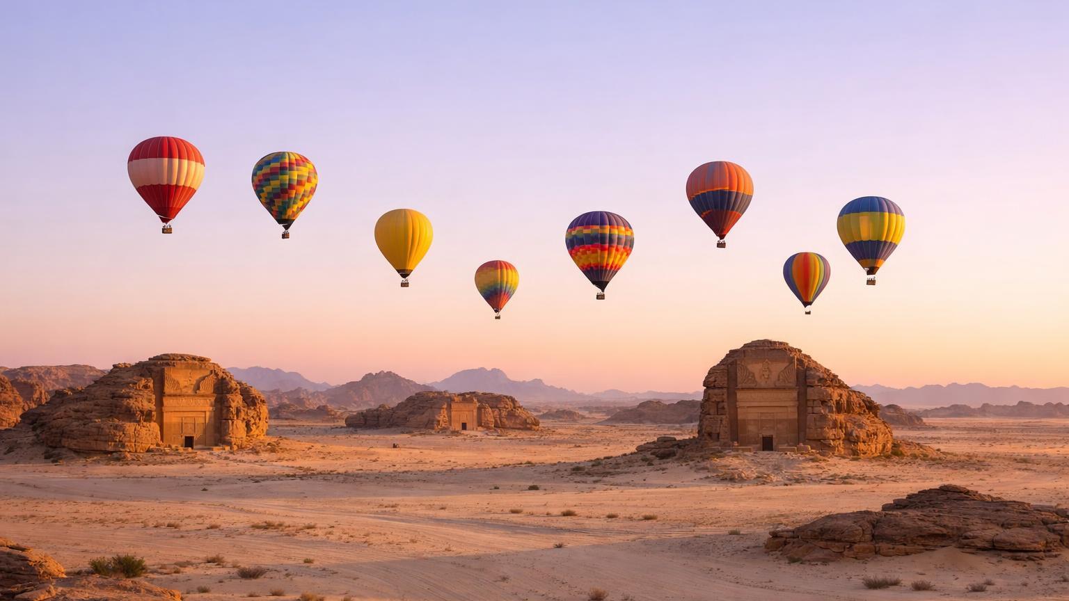 AlUla Skies balloons over Hegra plains at sunrise