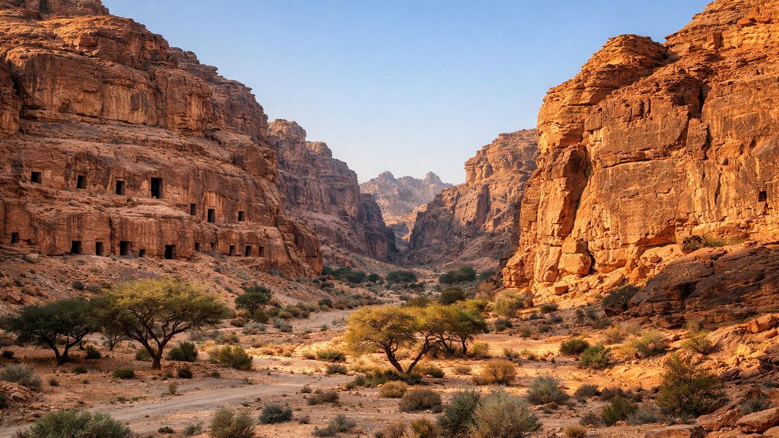 Dadan and Jabal Ikmah cliffs with rock tombs and acacias