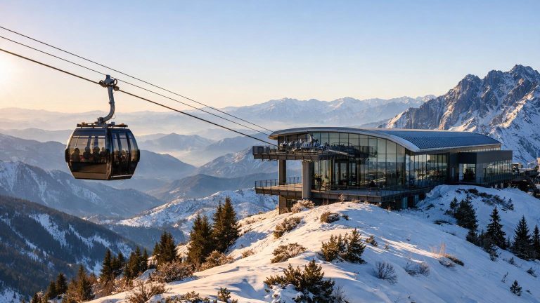 Gondola ascending to summit station at Amirsoy Resort, Uzbekistan