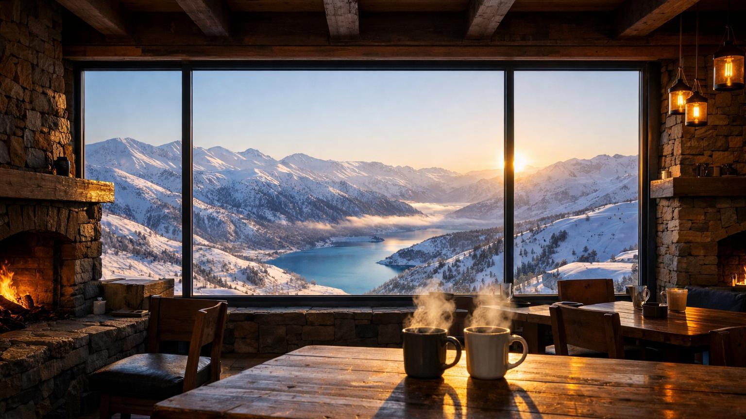 2290 Restaurant interior framing Amirsoy peaks and reservoir view