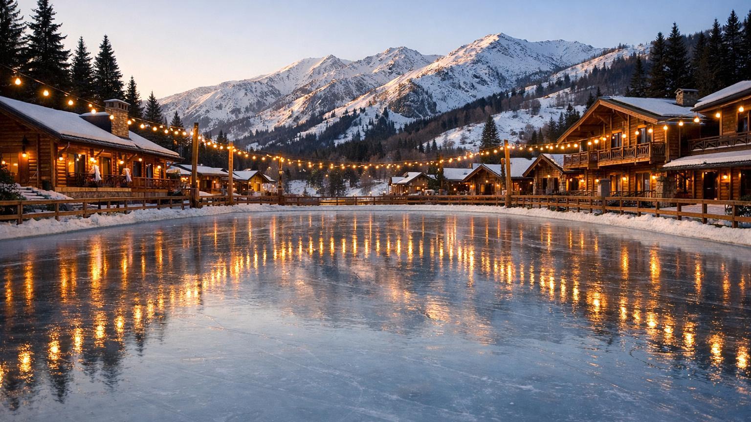 Outdoor ice rink at Amirsoy Resort with firs and lights