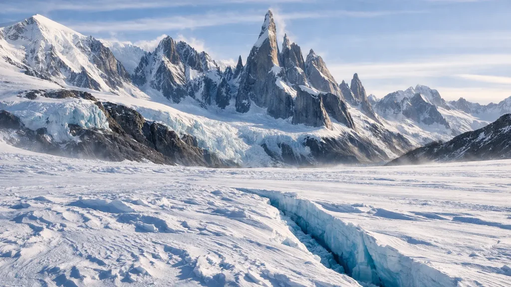 Paso Marconi snow plain with Cerro Torre spires, Los Glaciares