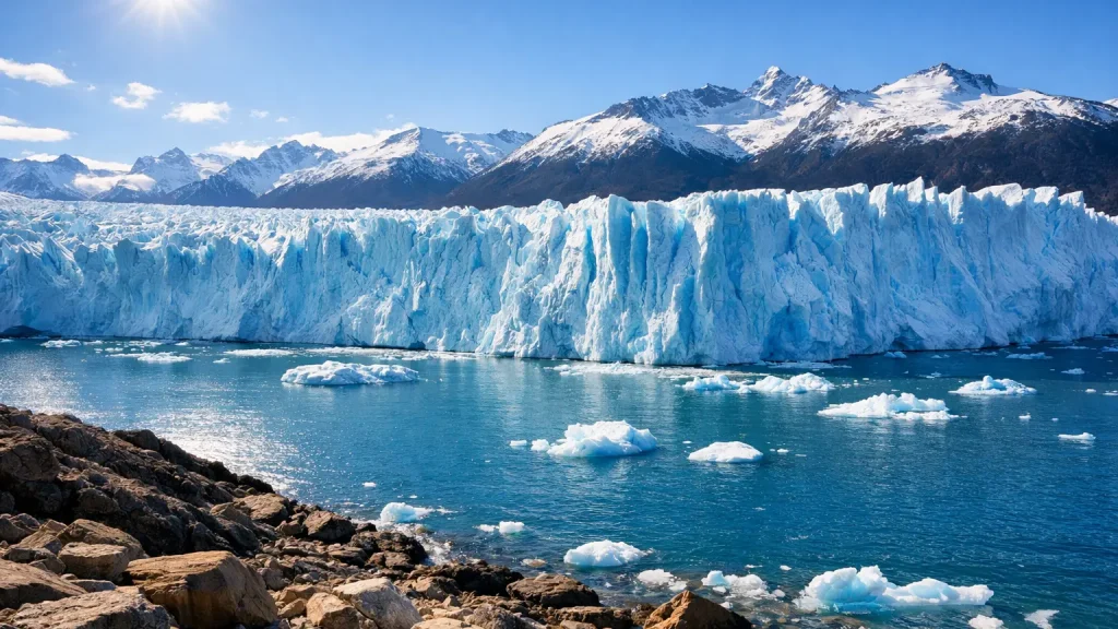 Perito Moreno glacier face and turquoise ice hummocks, El Calafate