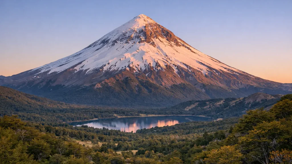 Volcán Lanín cone above lenga forest at sunrise, Lanín National Park