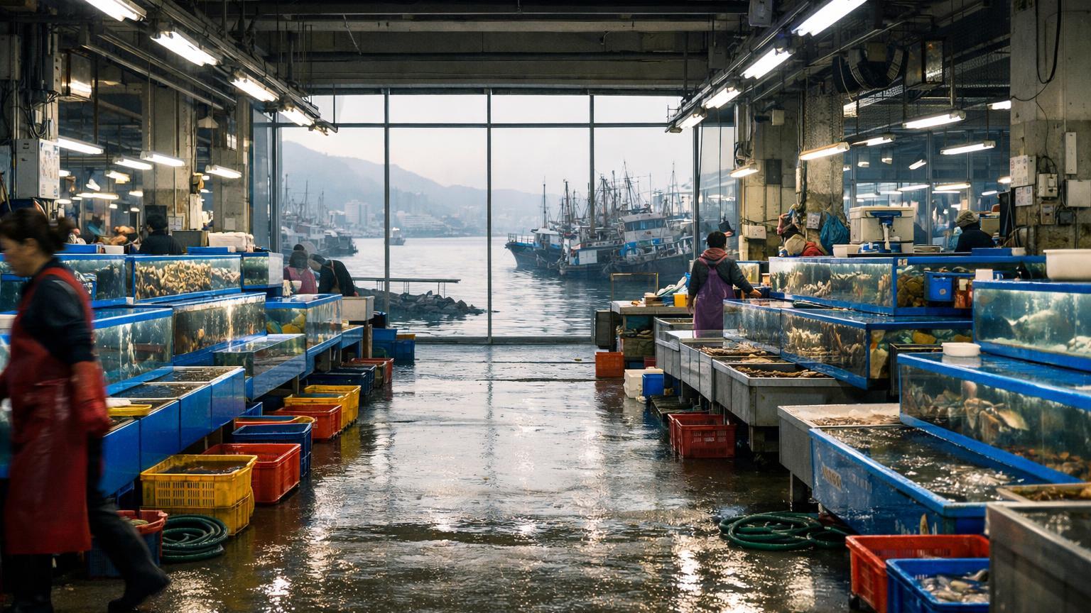 Jagalchi Market Nampo-dong live-fish tanks harbor view morning glints