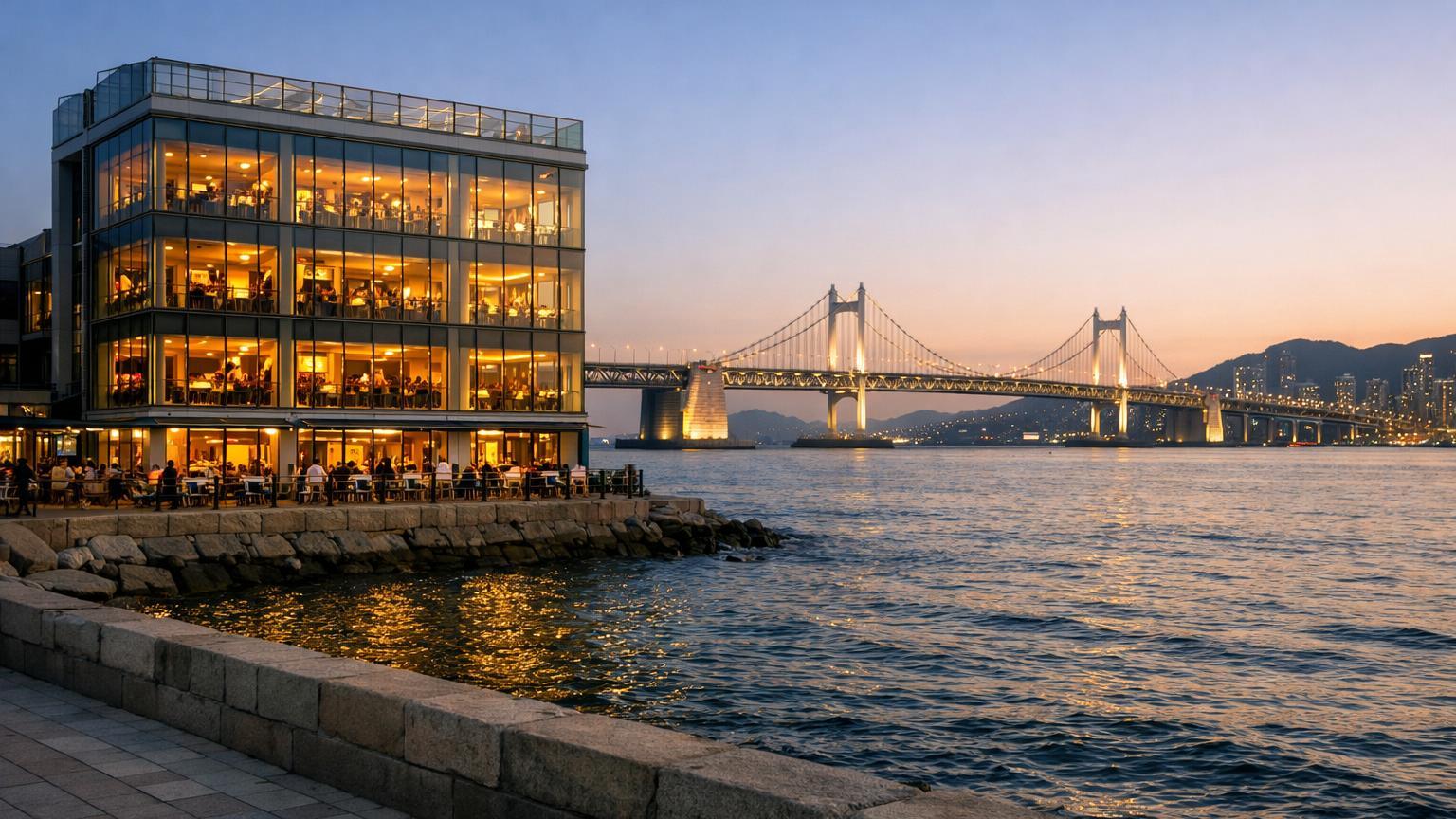 Millak Hoe Town glass-front dining with Gwangandaegyo Bridge view