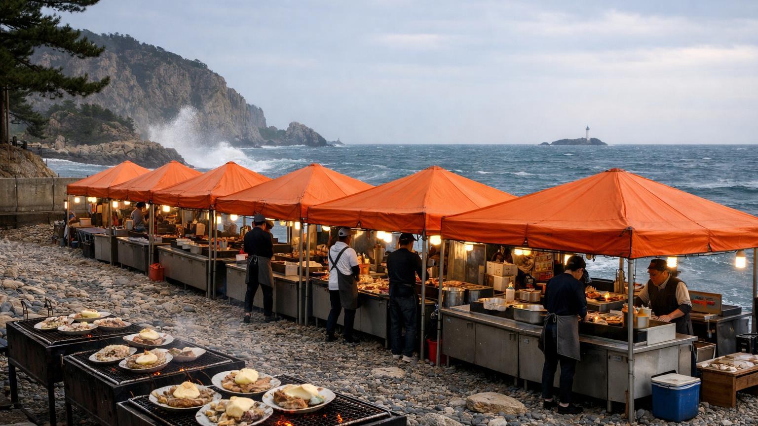 Taejongdae clam tents orange roofs pebbled cove lighthouse
