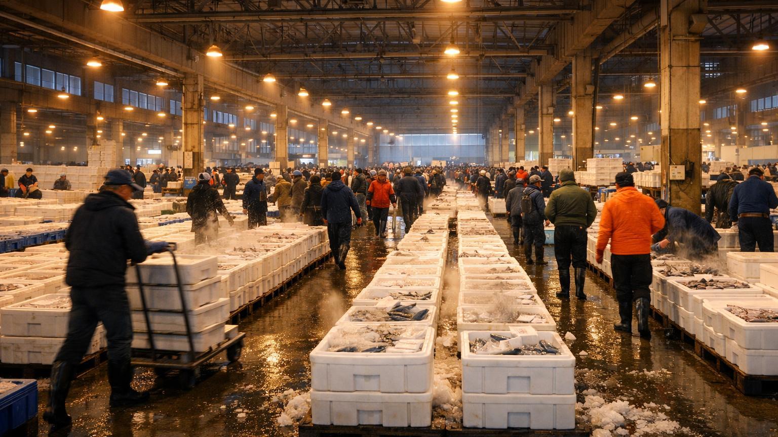 Busan Cooperative Fish Market auction hall iced fish boxes buyers