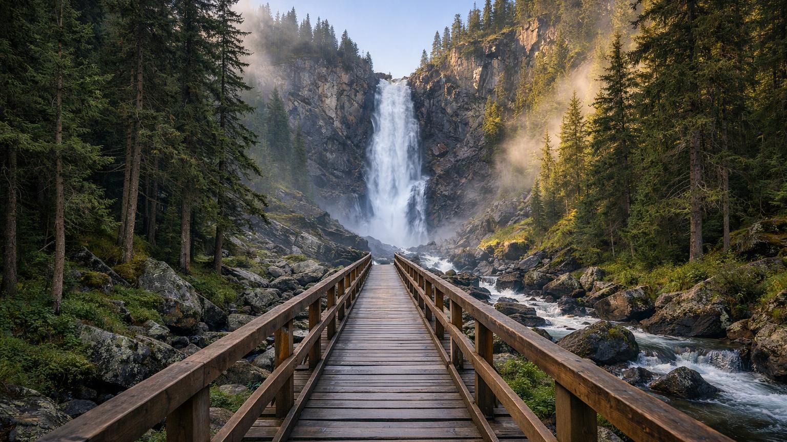Timber walkway leading to Kokkol Waterfall, Katon-Karagay
