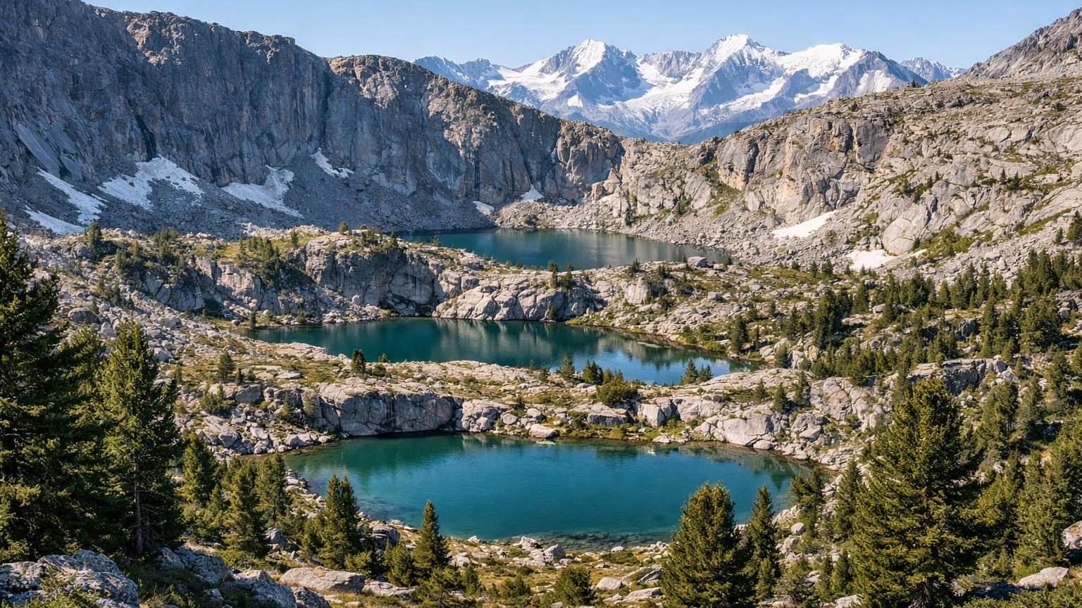 Terraced alpine lakes in Arasan Valley, Rakhman Springs