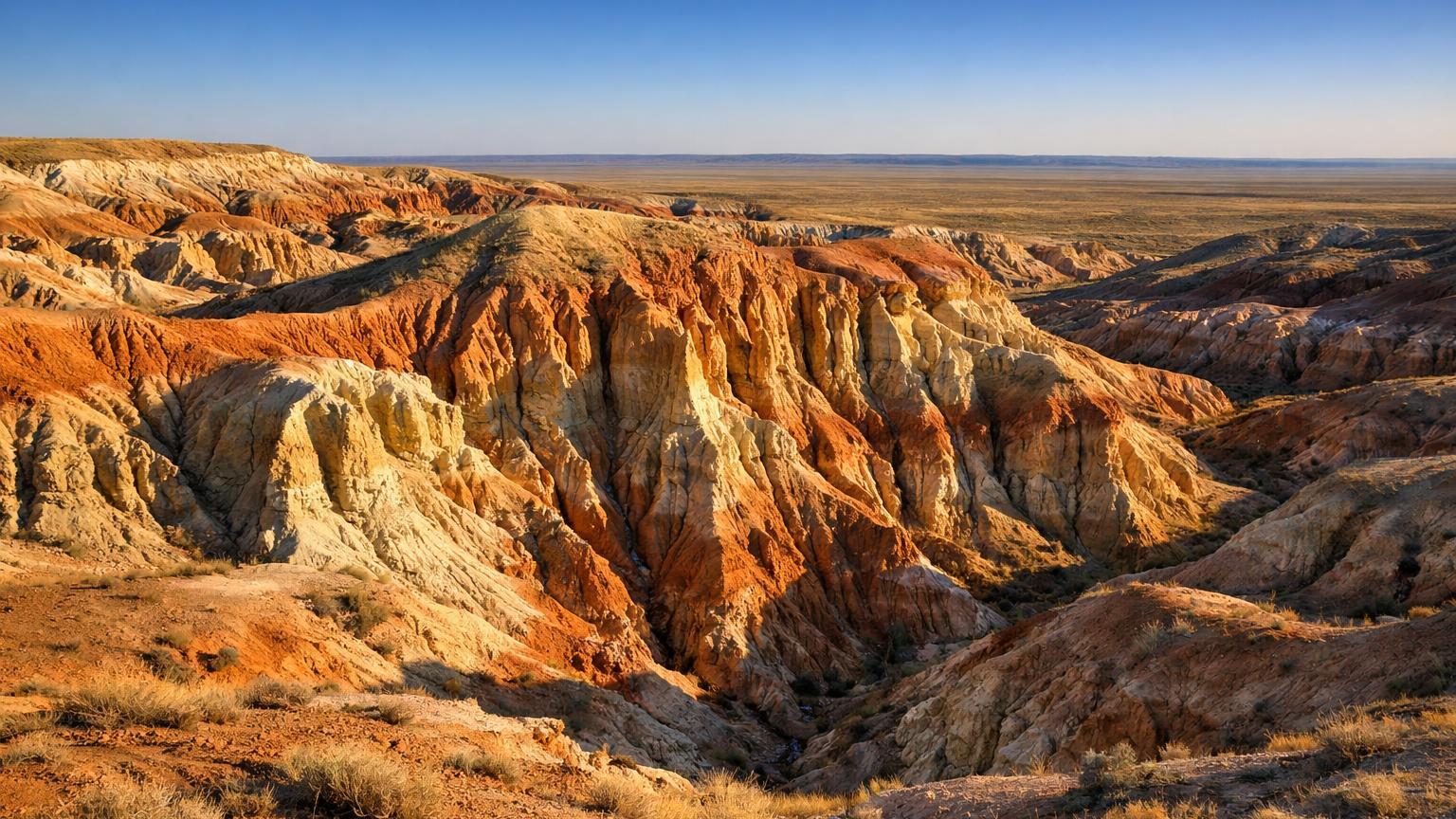 Layered red and cream clay gullies at Kiin‑Kerish, Kurchum