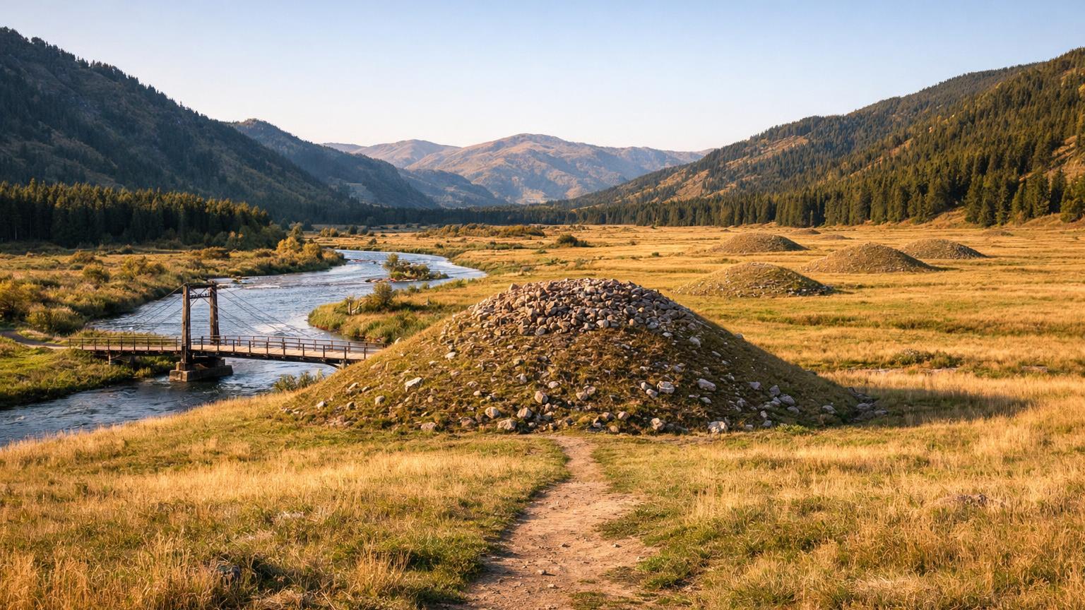 Grassy Berel Valley with kurgans and river bridge, Katon‑Karagay