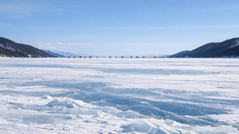 Endless frozen Lake Khövsgöl with race flags and taiga hills