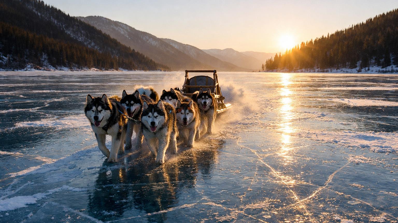 Dog sled team on Lake Khövsgöl near Khatgal at sunset