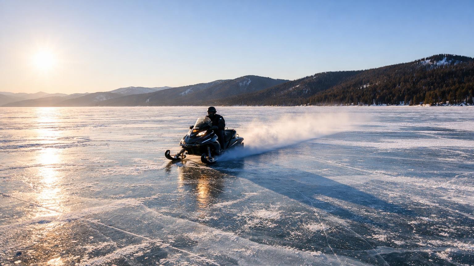 Snowmobile sprinting across Lake Khövsgöl toward pine‑cloaked hills