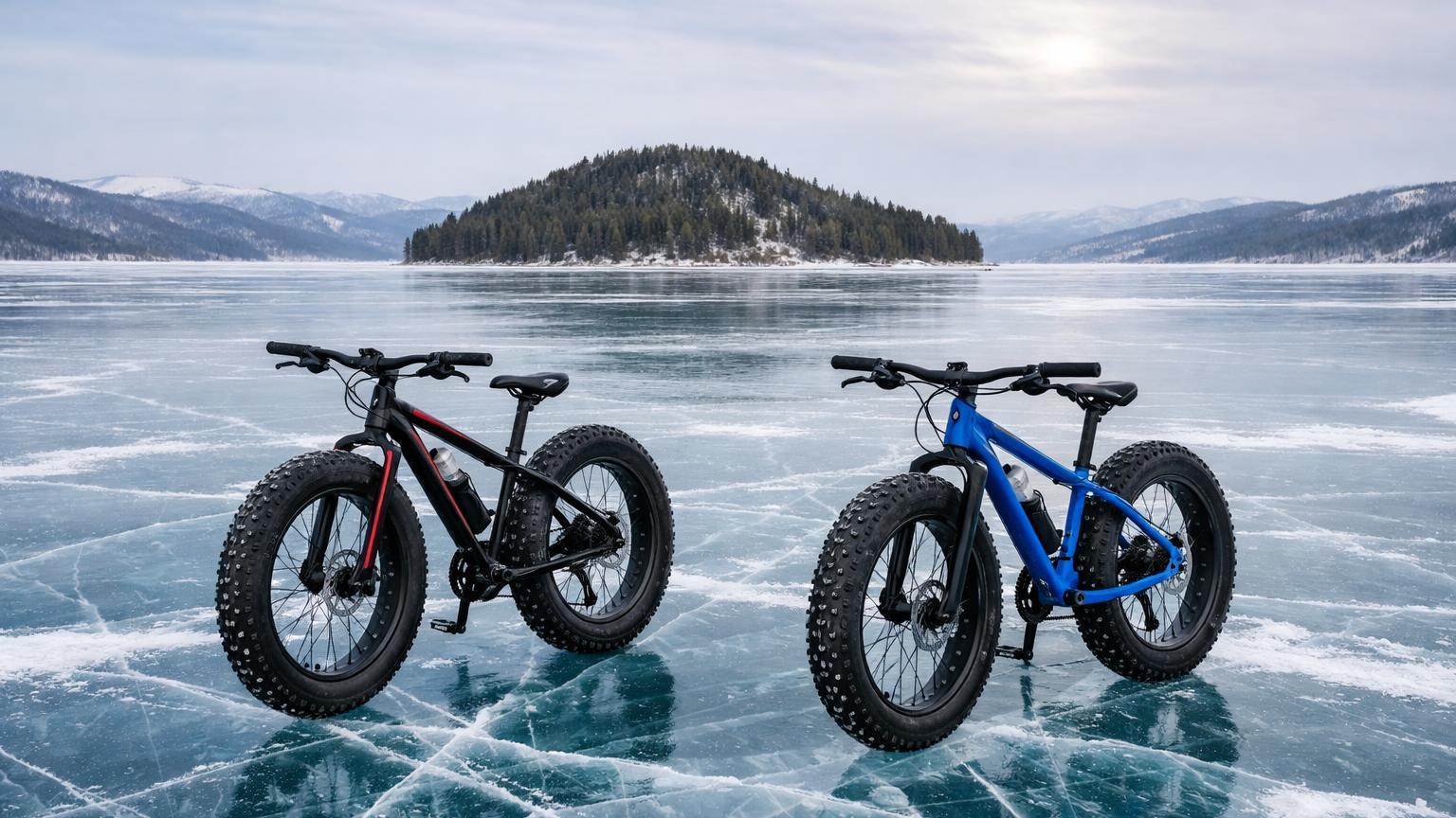Fat bikes on cracked ice near Modon Khui island, Lake Khövsgöl