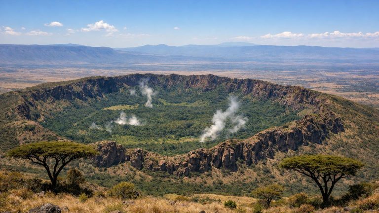 Mount Suswa inner caldera with steam and lava bluffs