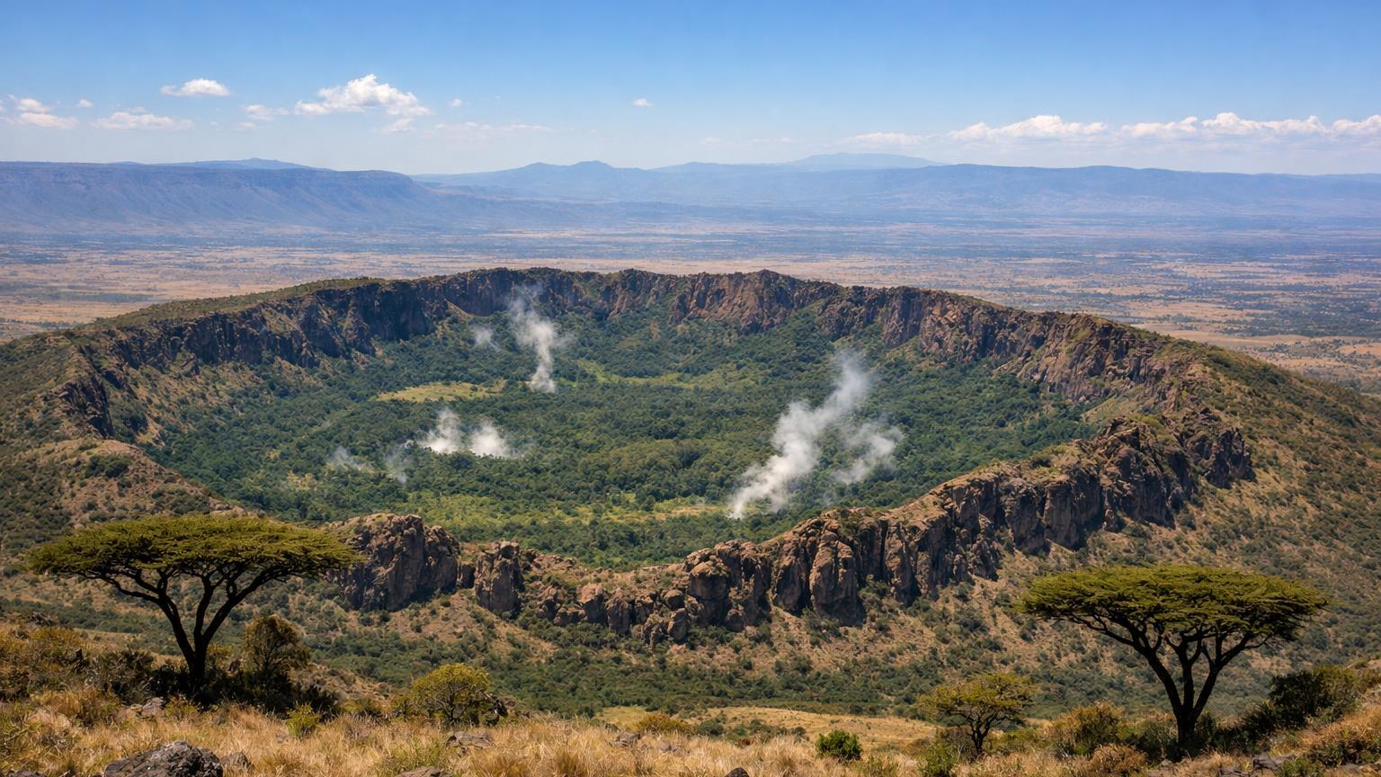 Mount Suswa inner caldera with steam and lava bluffs