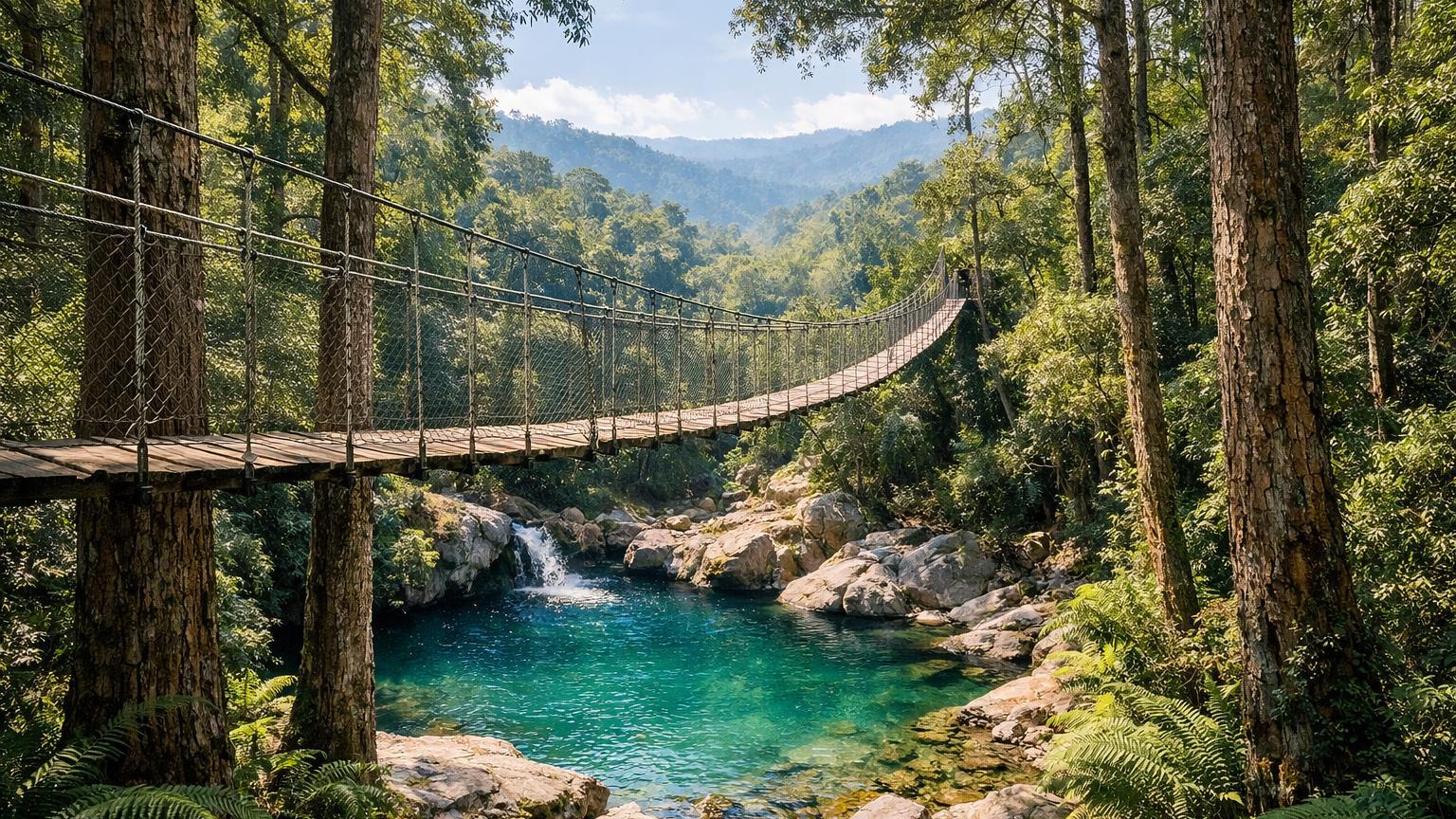 Ngare Ndare suspension walkway above turquoise forest pools
