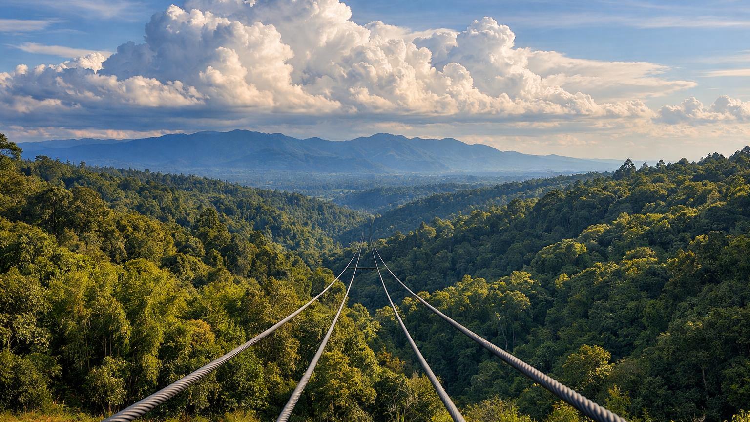 Kereita Forest zipline cables over lush highland forest