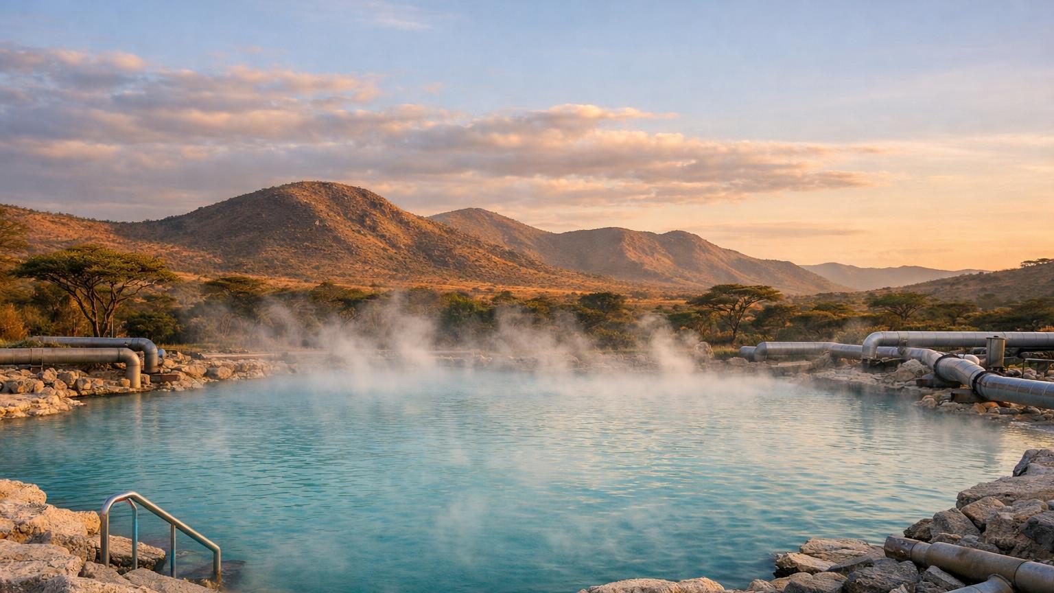 Olkaria geothermal pool steaming against Naivasha Rift hills