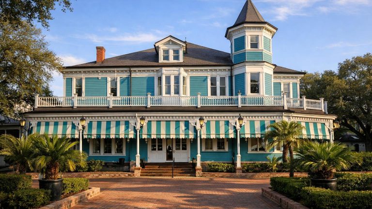 Commander’s Palace turquoise Victorian facade with brick courtyard palms