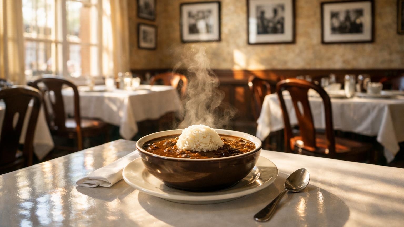 Dooky Chase’s dining room with gumbo and white rice