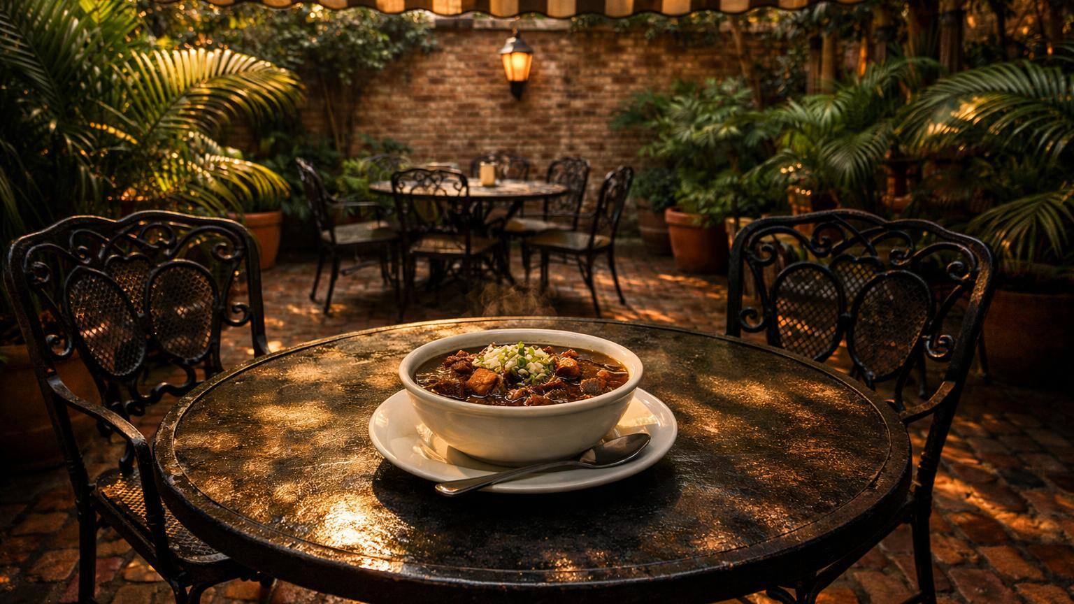 Gumbo Shop brick courtyard with palm pots and gumbo