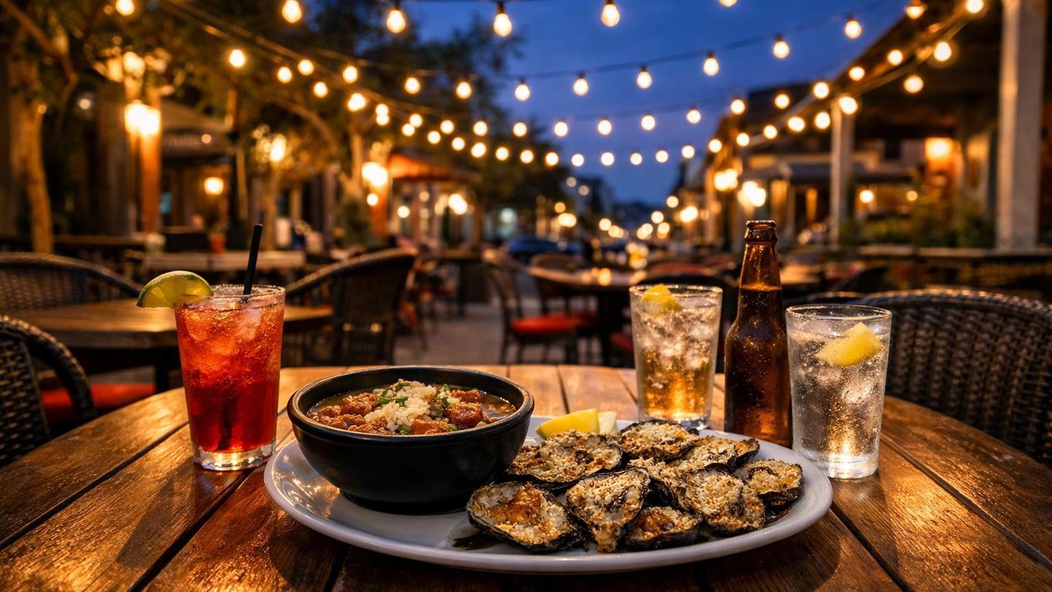 Neyow’s Creole Café patio with gumbo and oysters
