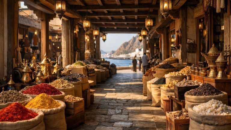 Muttrah Souq narrow timber-roofed lane with spice mounds, Muscat