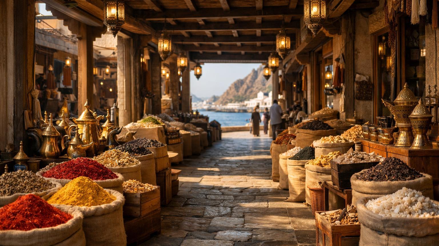 Muttrah Souq narrow timber-roofed lane with spice mounds, Muscat
