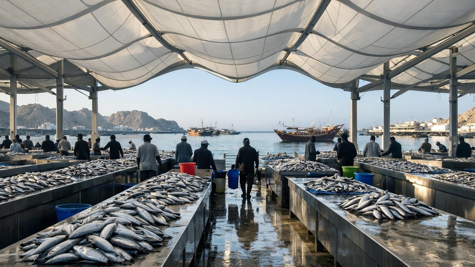 Muttrah Fish Market white canopy and stainless counters, Muscat harbor
