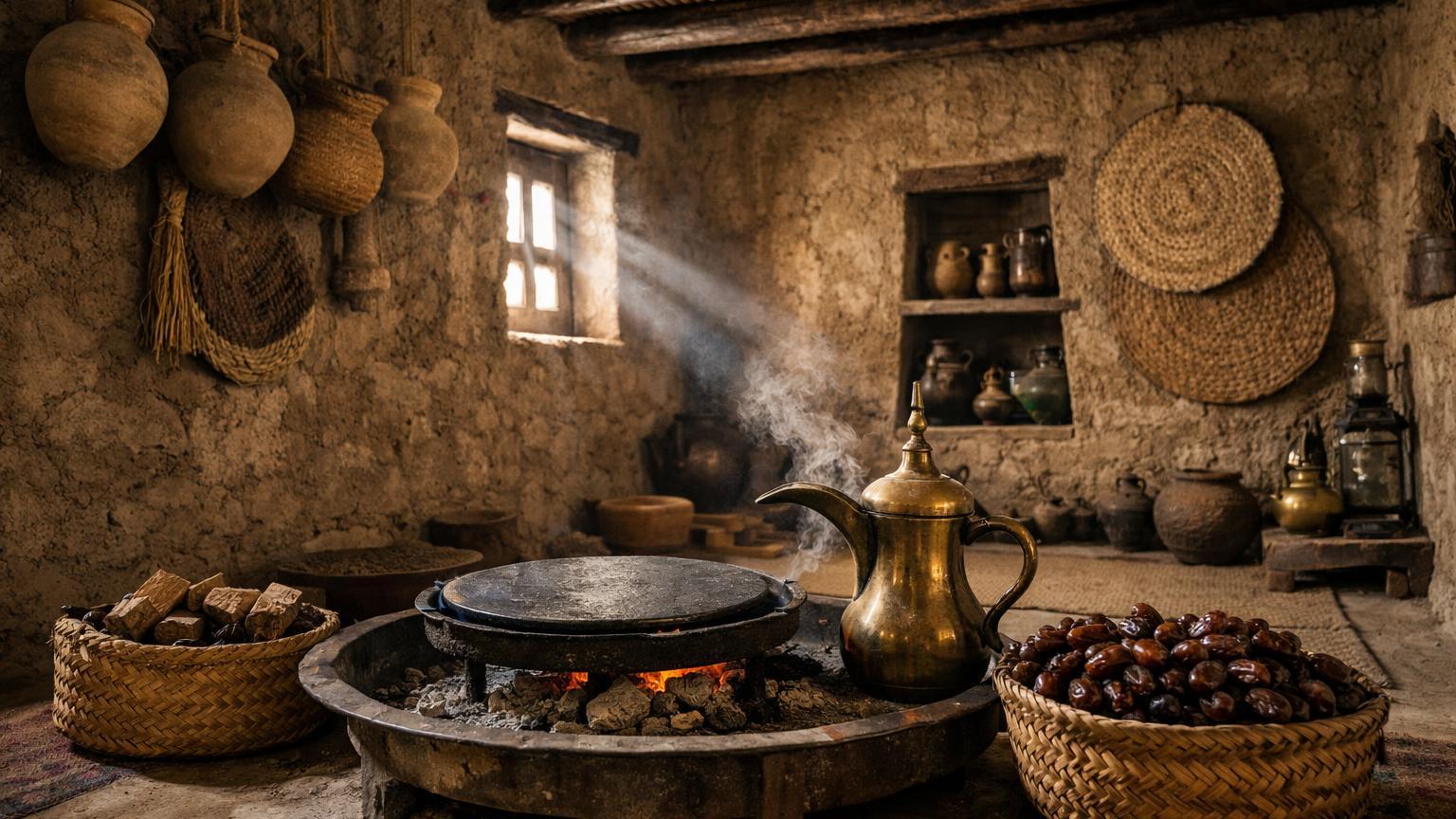 Bait Al Safah adobe room with dallah and griddle, Al Hamra
