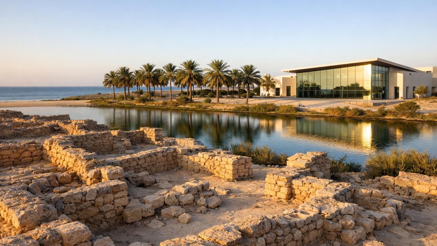 Al Baleed seafront ruins and glass museum facade, Salalah lagoon