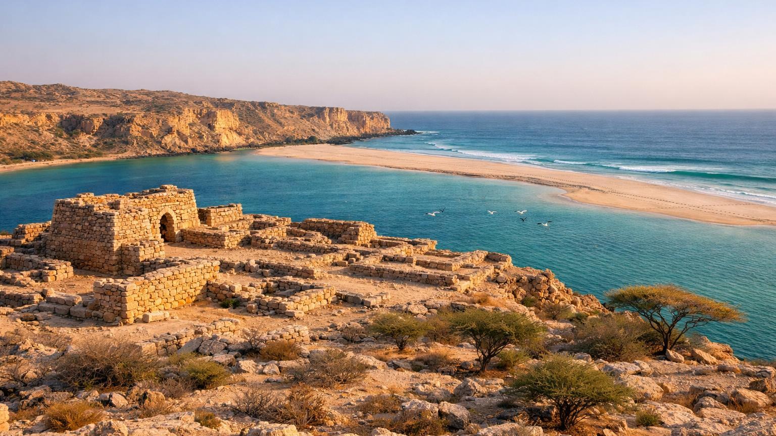 Sumhuram hilltop stone ruins above turquoise Khor Rori lagoon