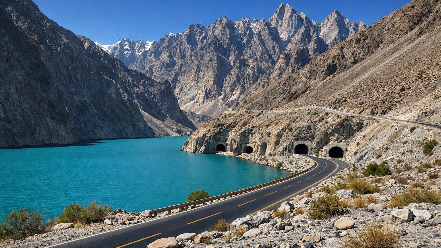 Highway and Attabad Lake near Passu, Karakoram Highway