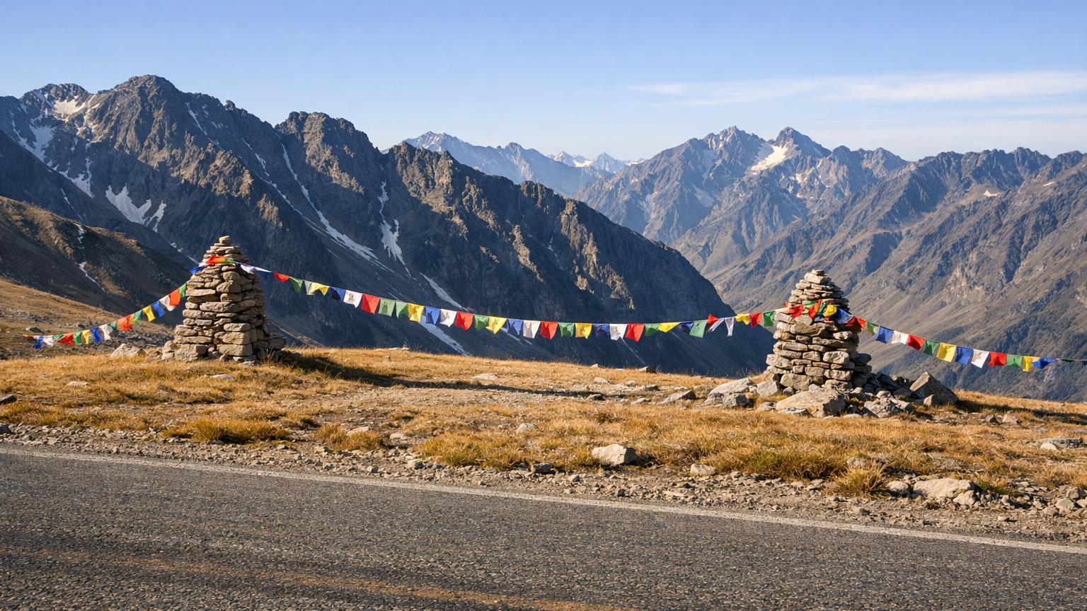Babusar Top road, tawny grass and prayer flags