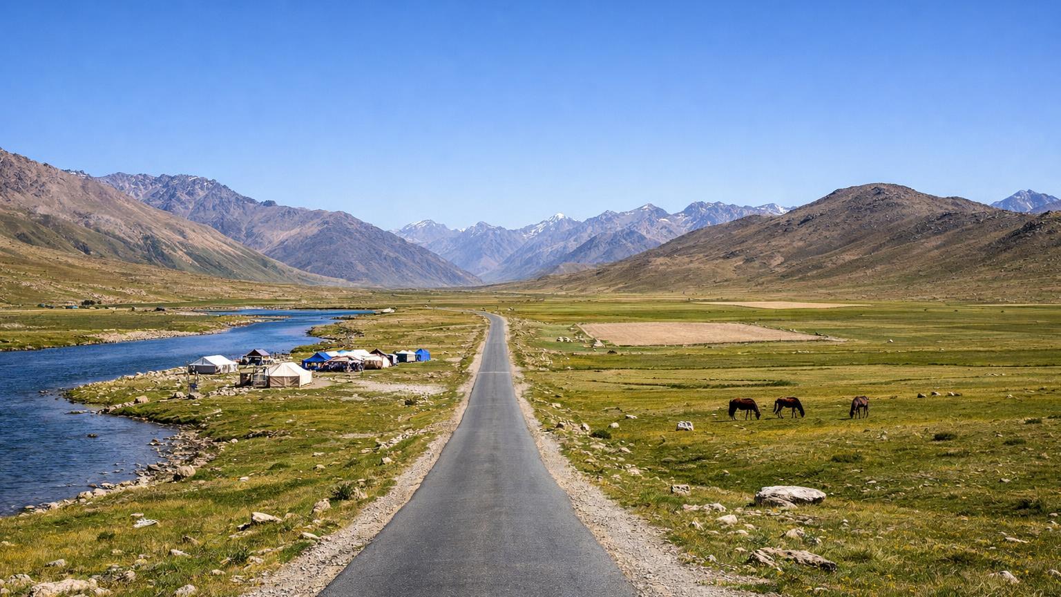 Shandur Pass plateau road, tents and grazing horses