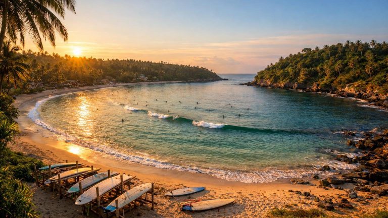 Hiriketiya horseshoe bay with longboards and coconut palms