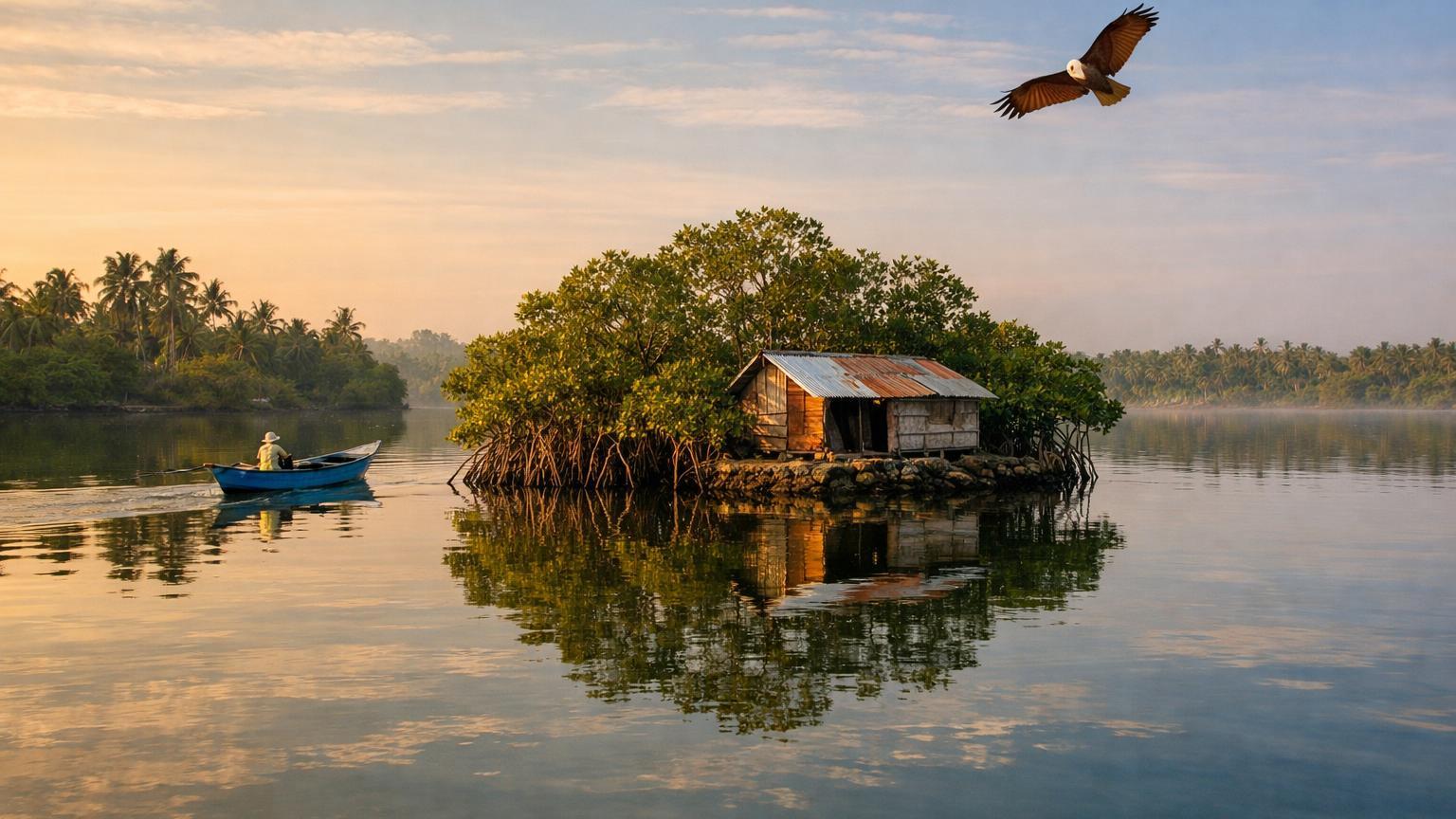Koggala calm lagoon with blue boat and mangrove reflections