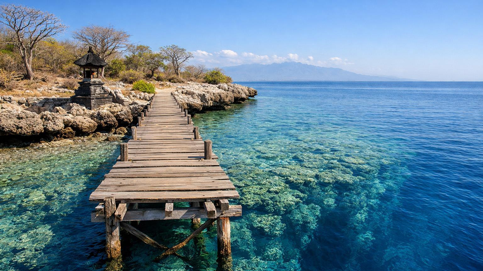 Wooden jetty and coral wall at Menjangan Island, West Bali