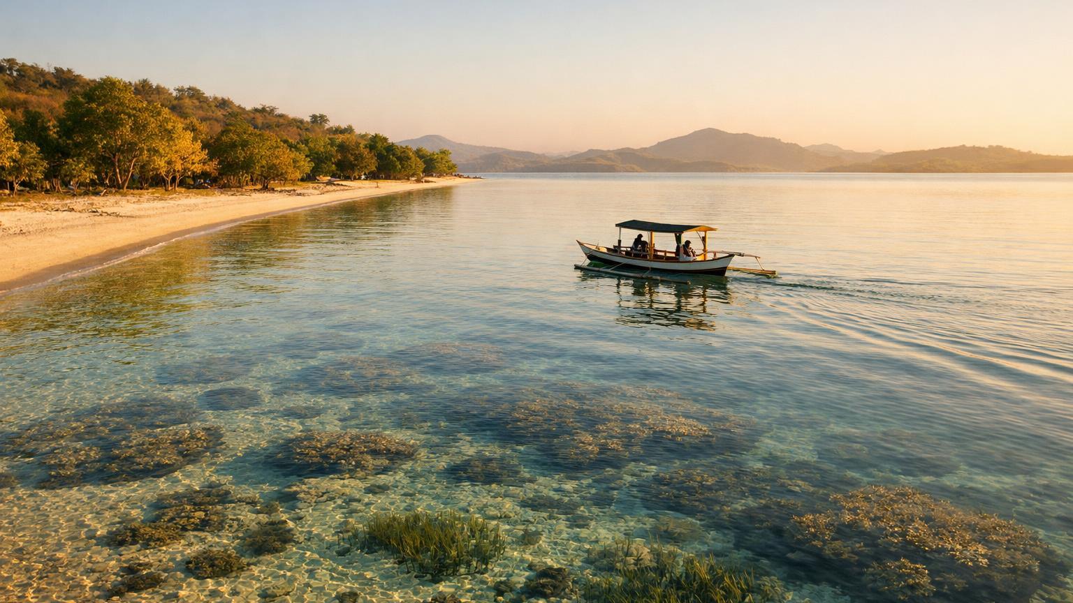 Crescent beach and coral channel at Gili Asahan, Lombok