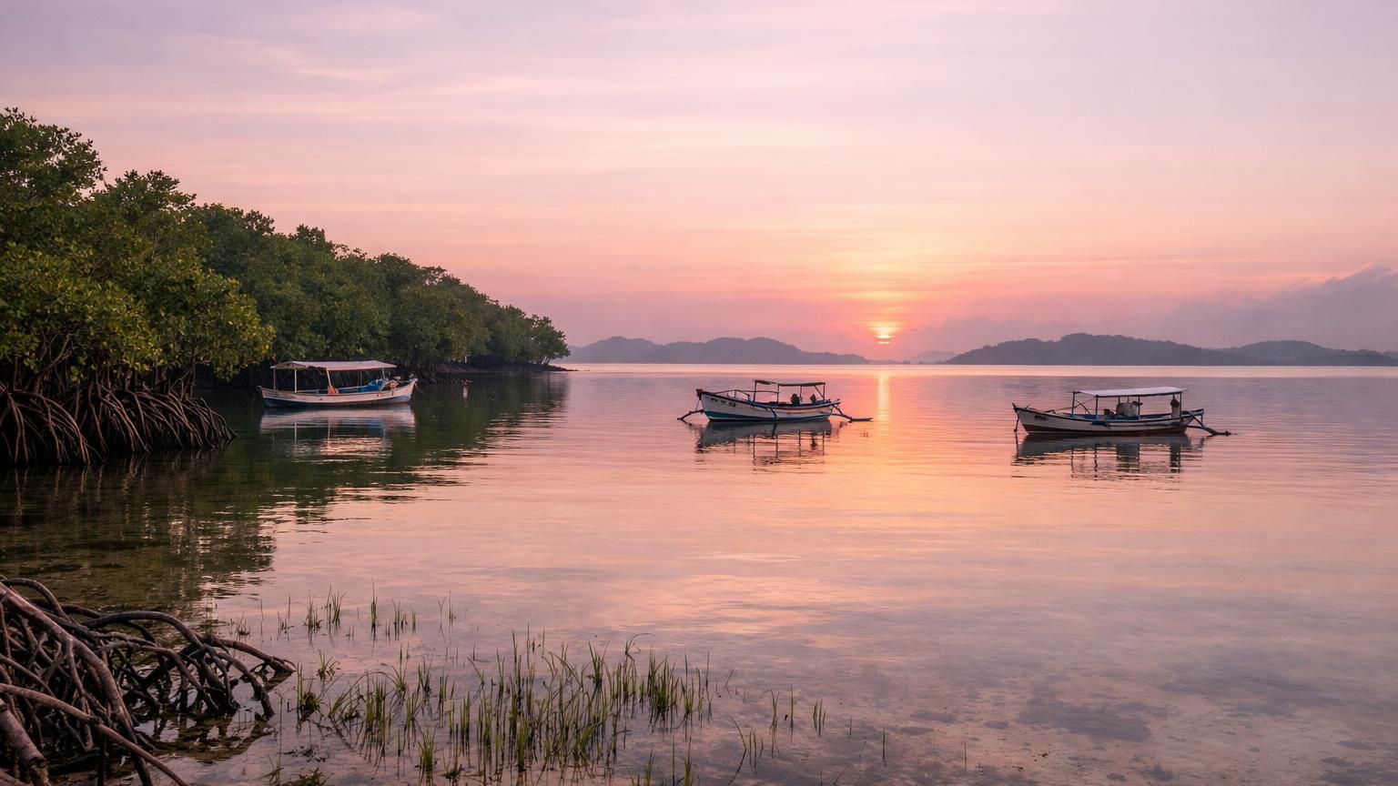 Mangrove-fringed bay with fishing boats at Gili Gede